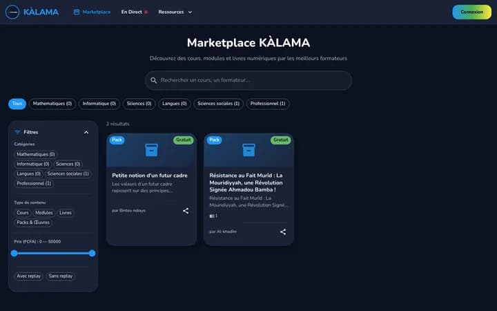 Marketplace de cours de KÀLAMA, avec le catalogue des formations disponibles.