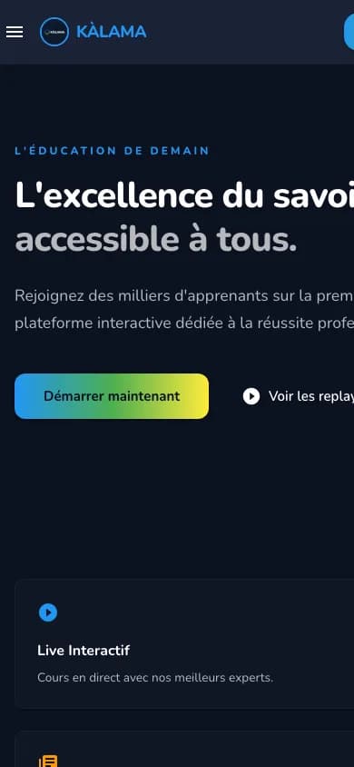 KÀLAMA sur mobile : la même page d'accueil adaptée à un écran de téléphone.